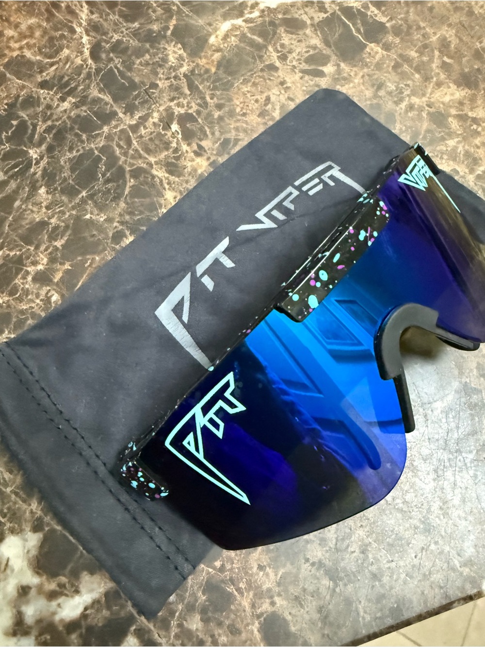 Pit Viper Blue Mirrored Shield Sunglasses with Black Speckle Frame